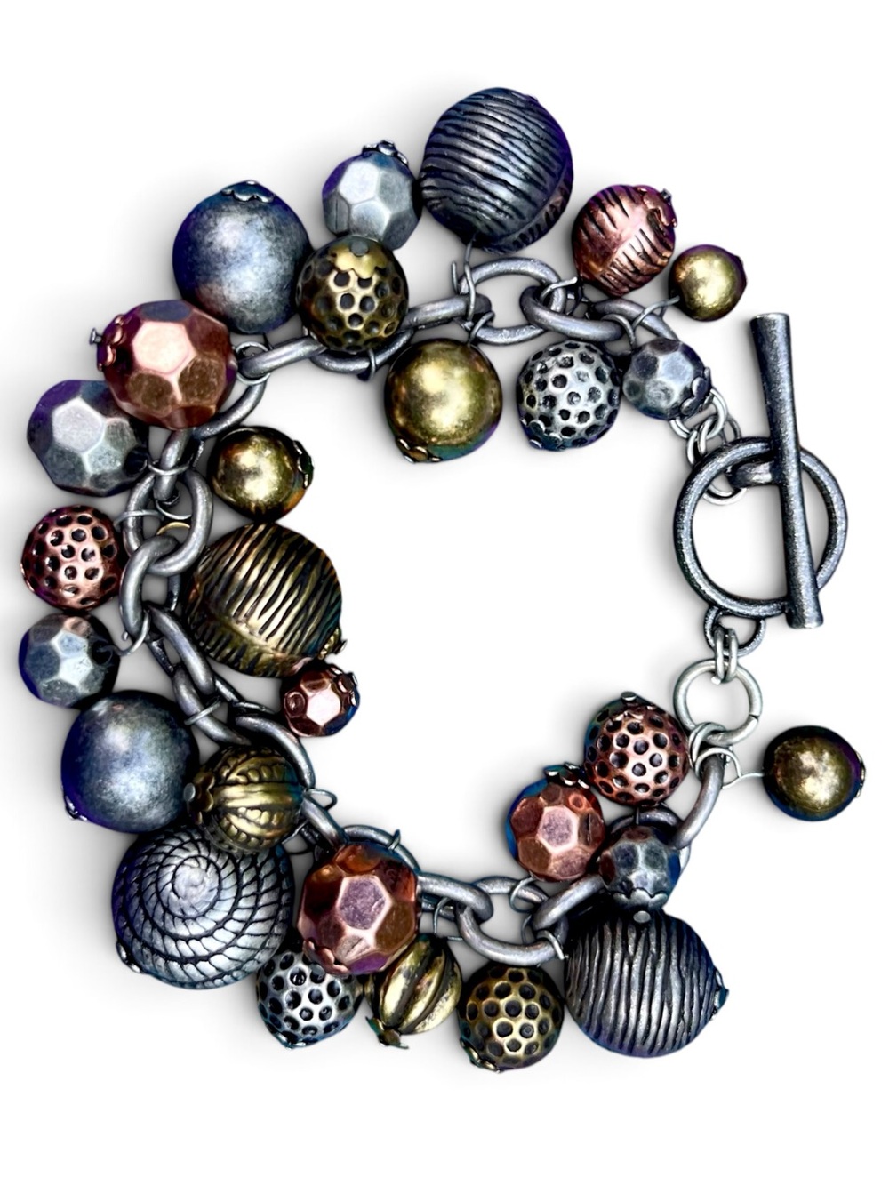 Vintage 70s Mixed Metal Chunky Textured Charm Bracelet With Toggle Clasp
